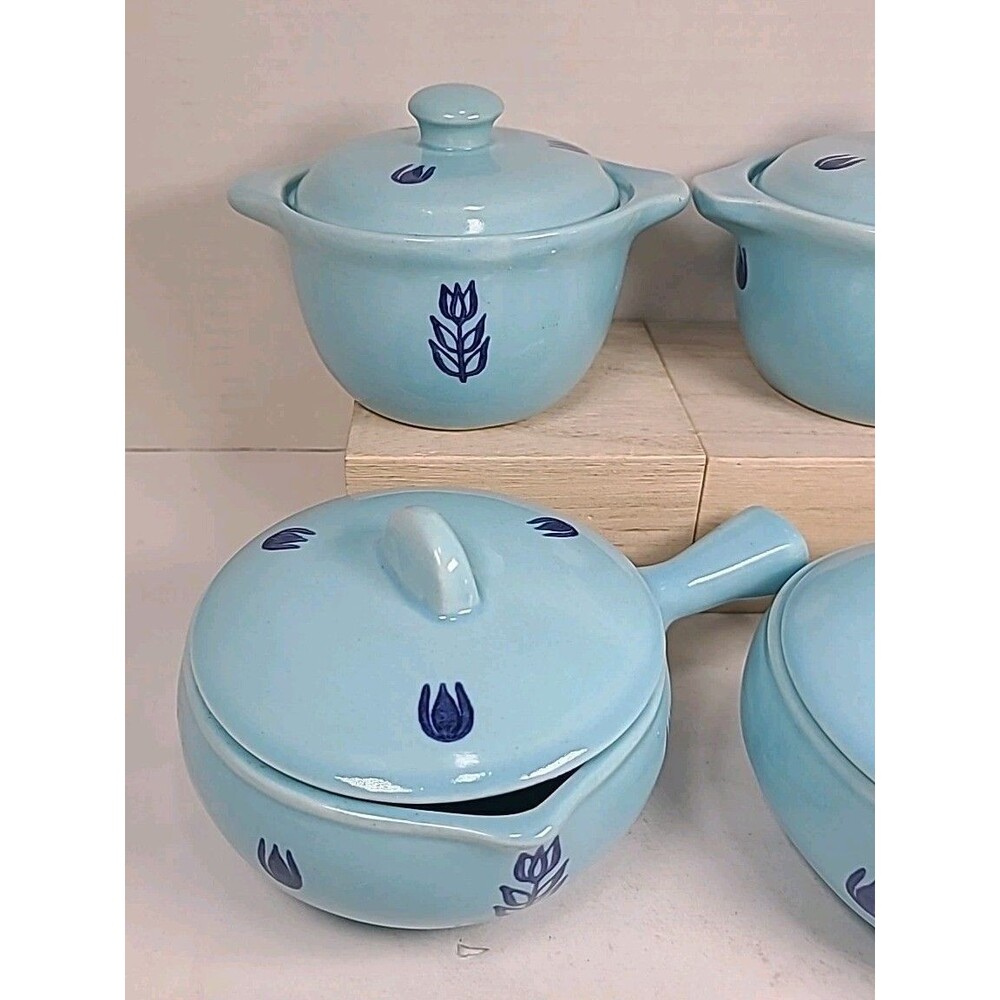 Vintage (4) Cronin BLUE TULIP Small Soup Sauce Pots WITH Lids & Handles - Picture 2 of 11
